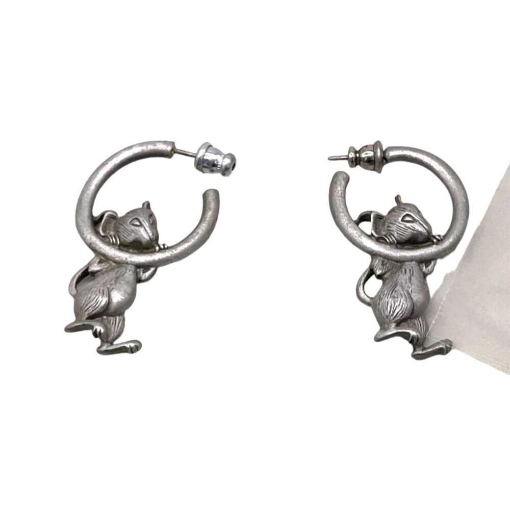JJ Jonette Textured Mouse Hoop Earring Silver Tone Casual College Evening
